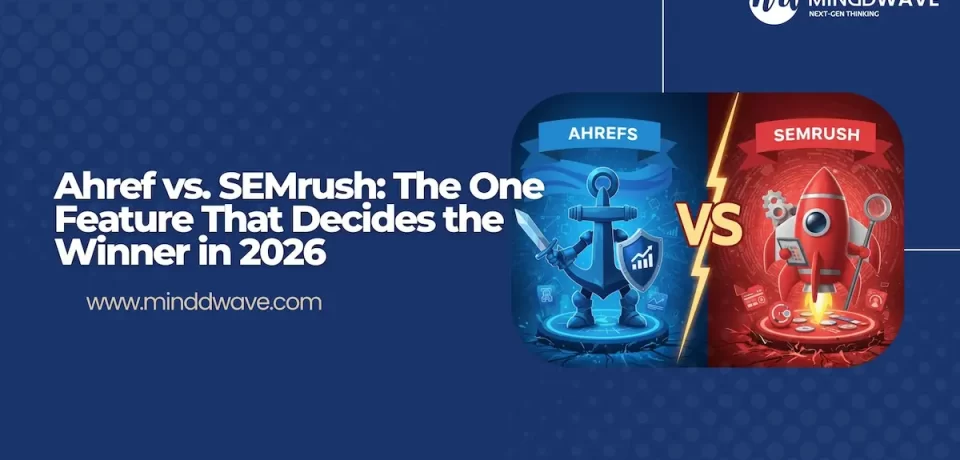 Infographic comparing features of Ahrefs and SEMrush, including ratings for keyword research, backlink analysis, and site audits