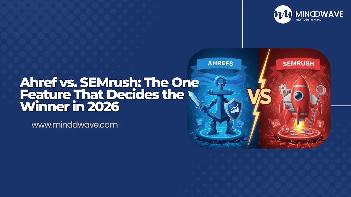 Infographic comparing features of Ahrefs and SEMrush, including ratings for keyword research, backlink analysis, and site audits